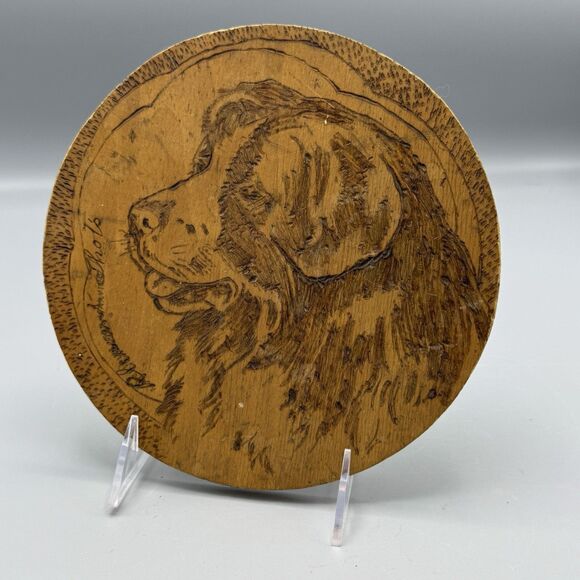 Vtg Pyrography Wood Burning Art Plaque Flemish Art Co Rd Newfoundland Dog Head - Picture 1 of 10